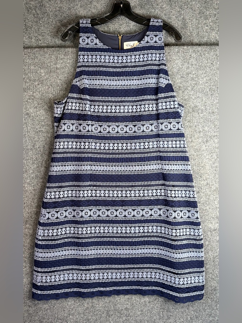 Eliza J Navy & White Lace-Striped Sleeveless Midi Dress